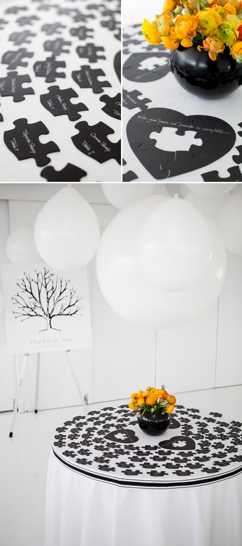 bright black, white, orange and yellow modern NYC loft wedding, photos by Image Singuliere via JunebugWeddings.com