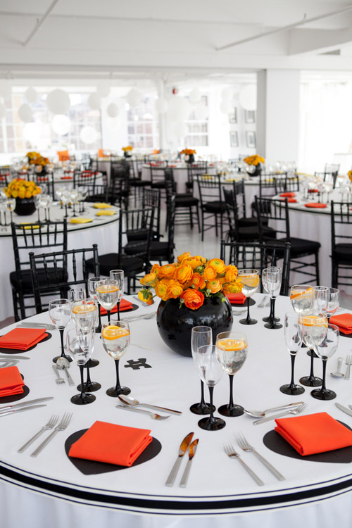 bright black, white, orange and yellow modern NYC loft wedding, photos by Image Singuliere via JunebugWeddings.com