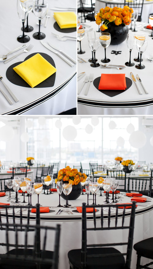 bright black, white, orange and yellow modern NYC loft wedding, photos by Image Singuliere via JunebugWeddings.com