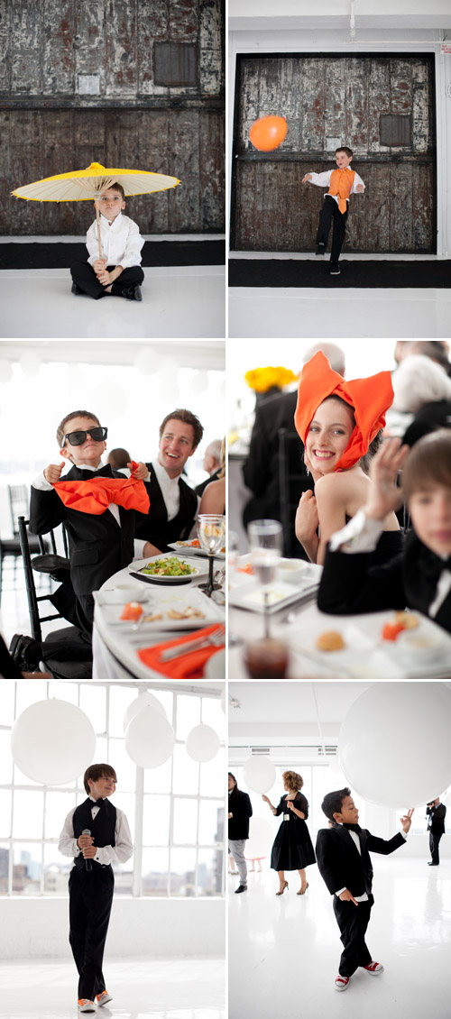 bright black, white, orange and yellow modern NYC loft wedding, photos by Image Singuliere via JunebugWeddings.com