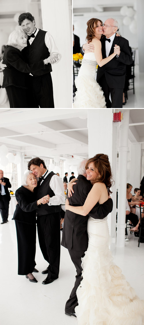 bright black, white, orange and yellow modern NYC loft wedding, photos by Image Singuliere via JunebugWeddings.com