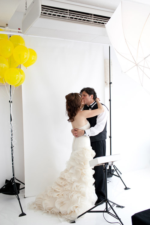 bright black, white, orange and yellow modern NYC loft wedding, photos by Image Singuliere via JunebugWeddings.com