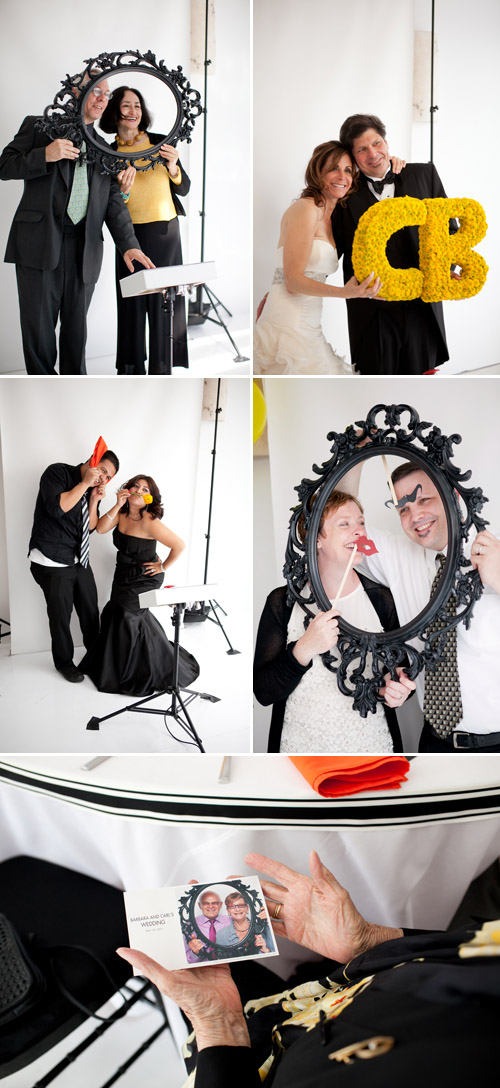 bright black, white, orange and yellow modern NYC loft wedding, photos by Image Singuliere via JunebugWeddings.com