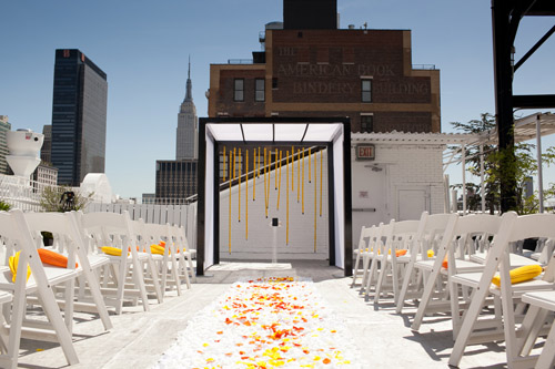 bright black, white, orange and yellow modern NYC loft wedding, photos by Image Singuliere via JunebugWeddings.com