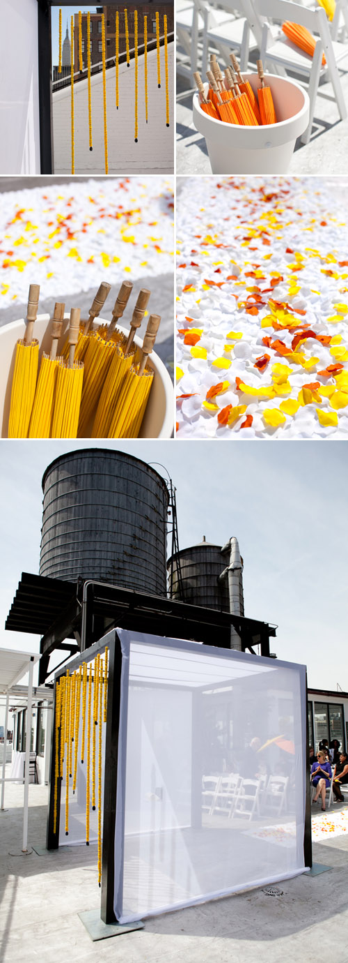 bright black, white, orange and yellow modern NYC loft wedding, photos by Image Singuliere via JunebugWeddings.com