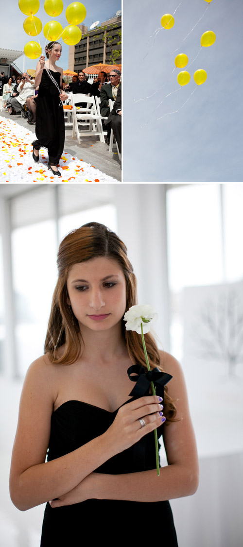 bright black, white, orange and yellow modern NYC loft wedding, photos by Image Singuliere via JunebugWeddings.com