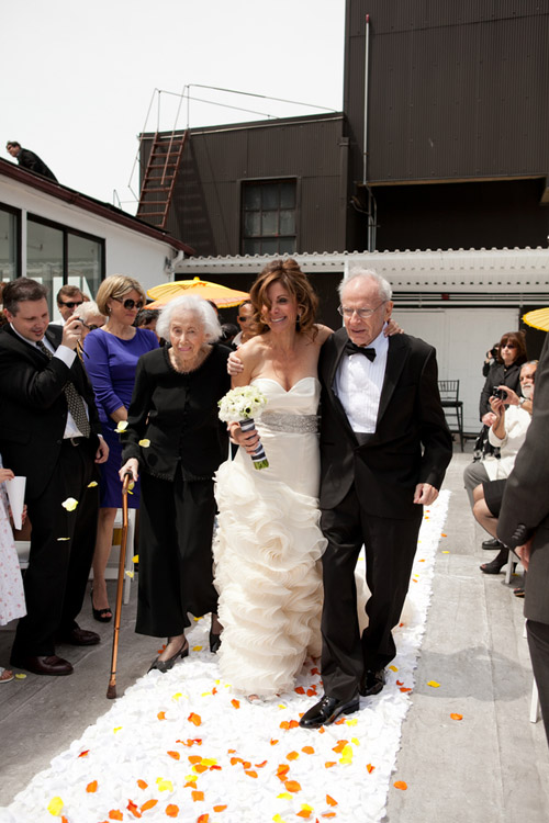 bright black, white, orange and yellow modern NYC loft wedding, photos by Image Singuliere via JunebugWeddings.com