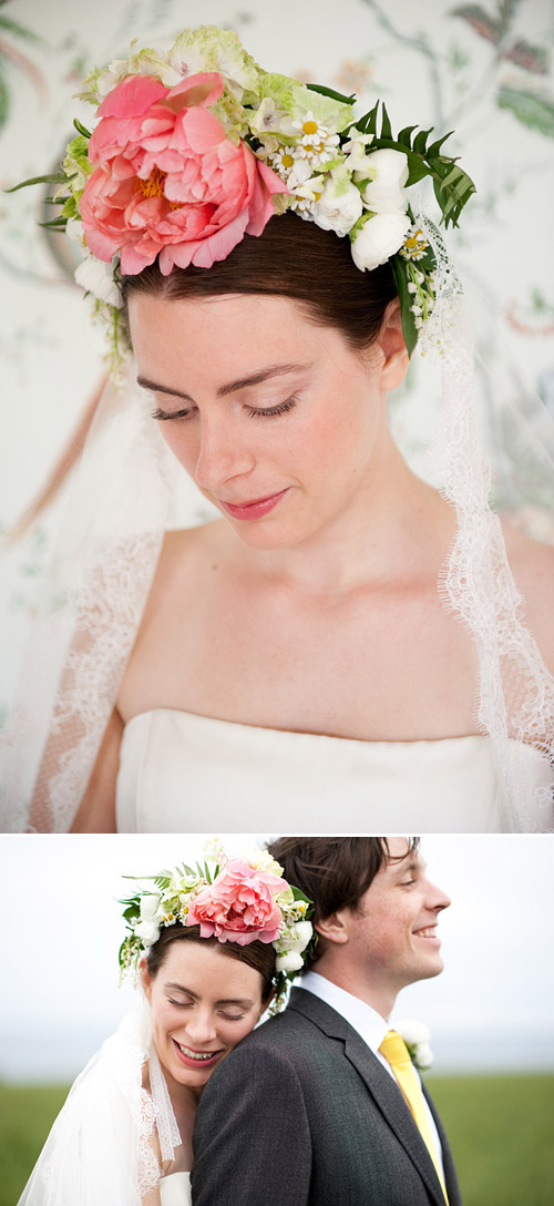 Flower crown of pink peony by George Mackay - Photos by Dominique Bader via Junebug Weddings