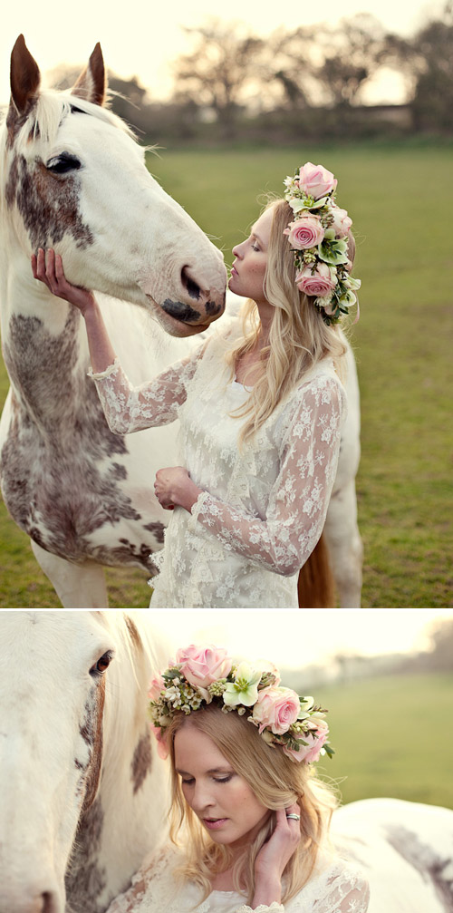 Pink flower crown by UK designer fairy nuff flowers - Photos by Marianne Taylor Photography via Junebug Weddings