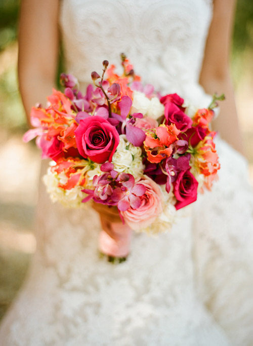 Napa wedding at Solage Calistoga with a blue, coral orange, and fuchsia pink wedding color palette | via junebugweddings.com