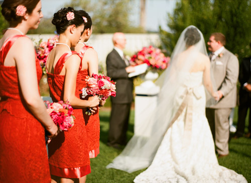 Napa wedding at Solage Calistoga with a blue, coral orange, and fuchsia pink wedding color palette | via junebugweddings.com