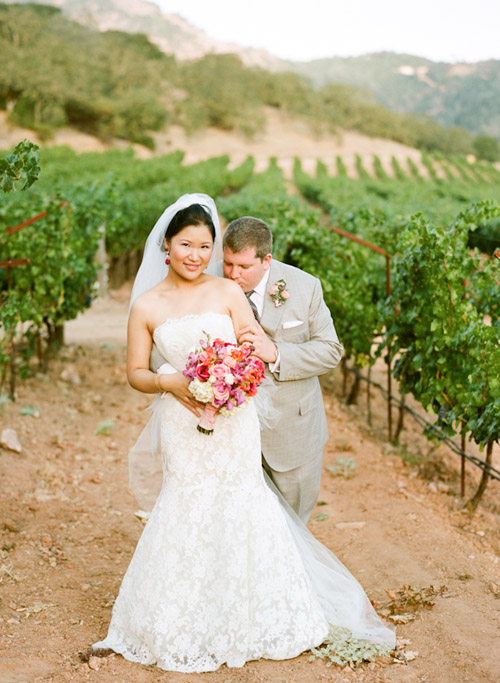 Napa wedding at Solage Calistoga with a blue, coral orange, and fuchsia pink wedding color palette | via junebugweddings.com