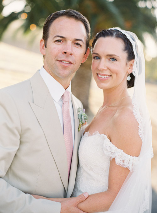 Lace wedding dress and mantilla veil, Spanish old-california wedding at La Familia Ranch in San Luis Obispo, CA