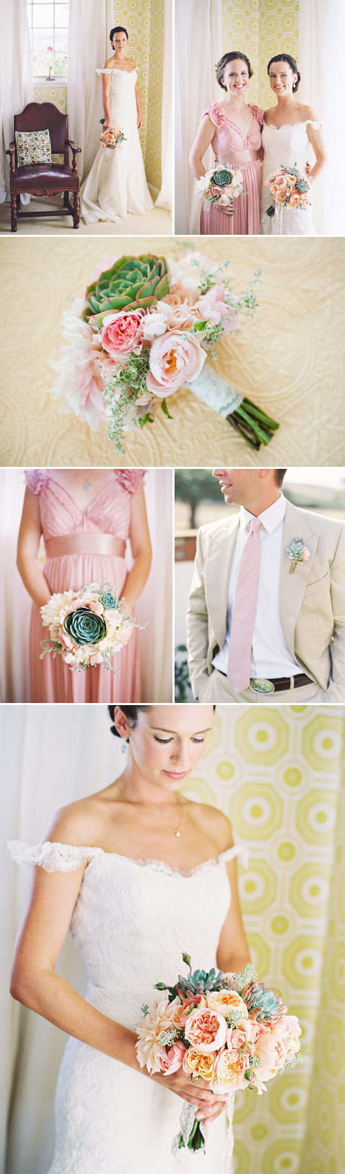 Wedding bouquets with succulents, Spanish old-california wedding decor at La Familia Ranch in San Luis Obispo, CA