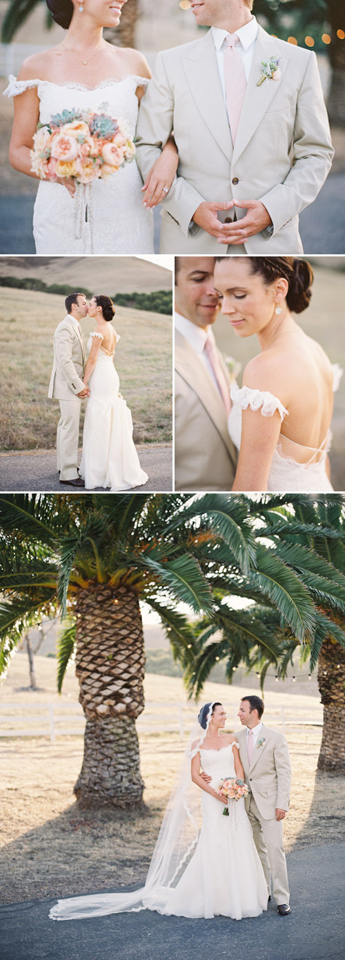 Lace wedding dress and mantilla veil, romantic Spanish old-california wedding at La Familia Ranch in San Luis Obispo, CA