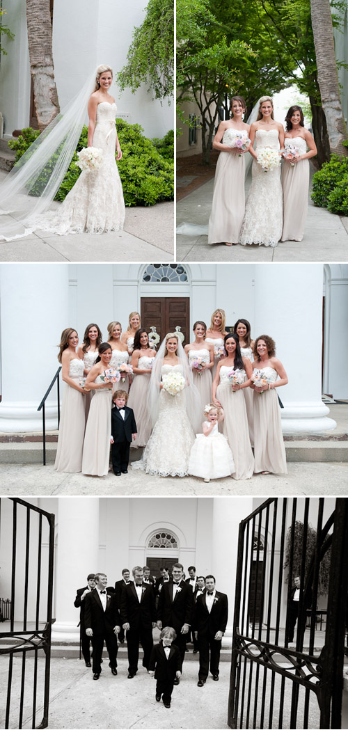Wedding party portraits at southern garden ceremony at First Baptist church in Charleston, South Carolina, photography by Leigh