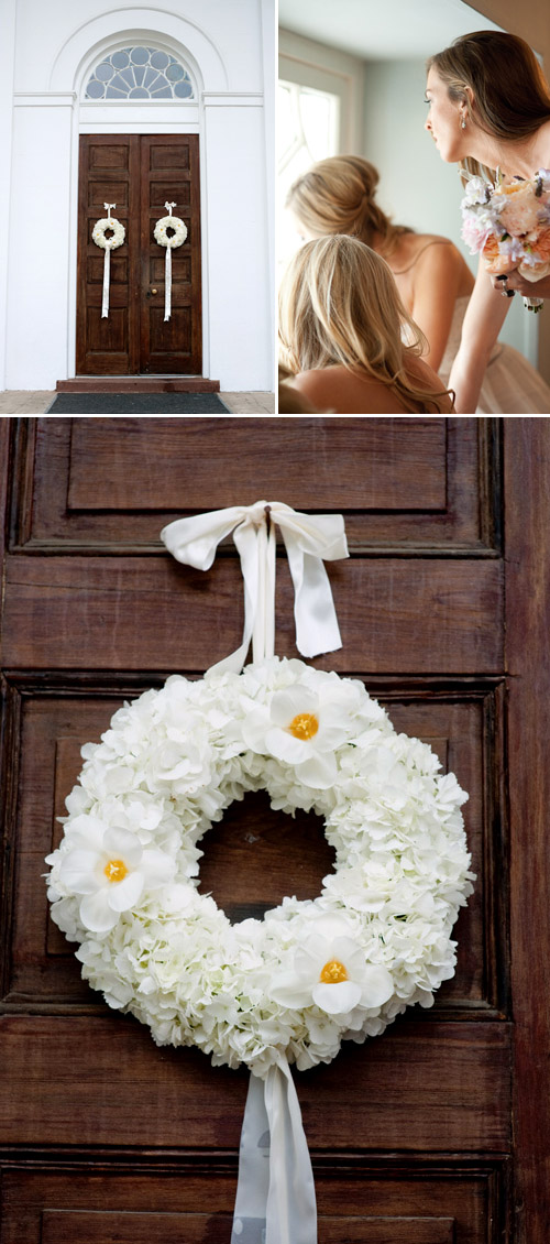 Floral door wreaths for a southern garden wedding at First Baptist church in Charleston, South Carolina, photography by Leigh Webber