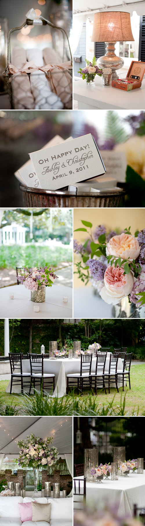 Lavender decor at southern garden wedding reception at William Aiken House in Charleston, South Carolina, photography by Leigh Webber