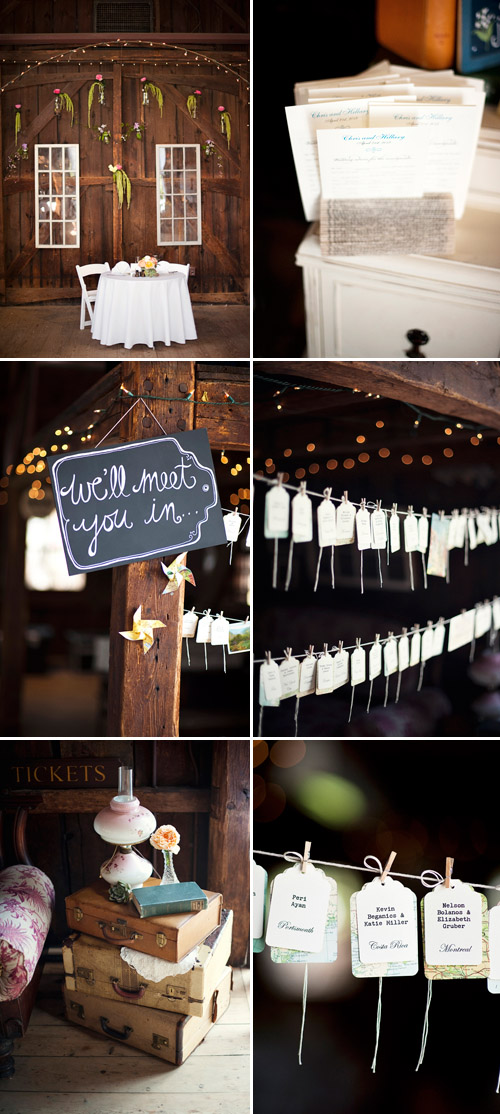 Country barn wedding with vintage travel theme - Justin and Mary Photography | Junebug Weddings