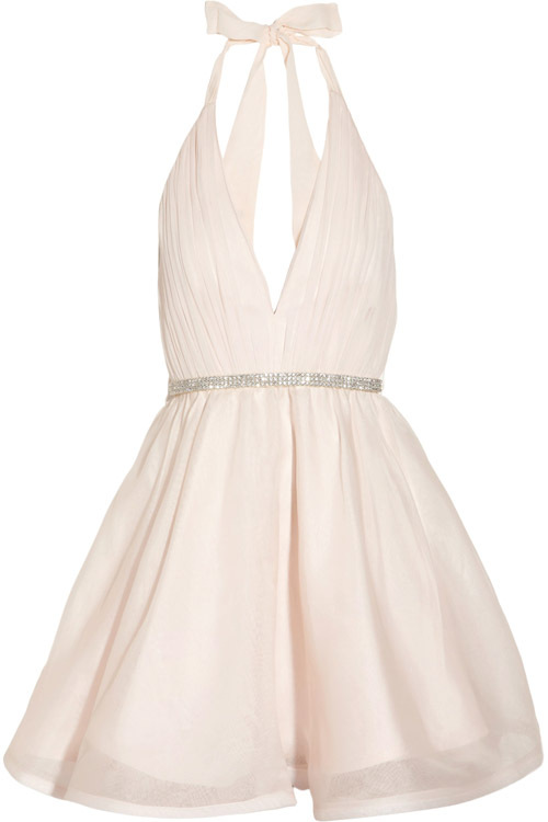 sequined sash on a little white wedding dress by Alice + Olivia | junebugweddings.com