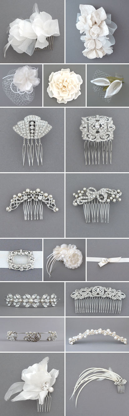 bridal hair accesories, veils, hair combs, fabric hair flowers and feathers from Bride's Head Revisited