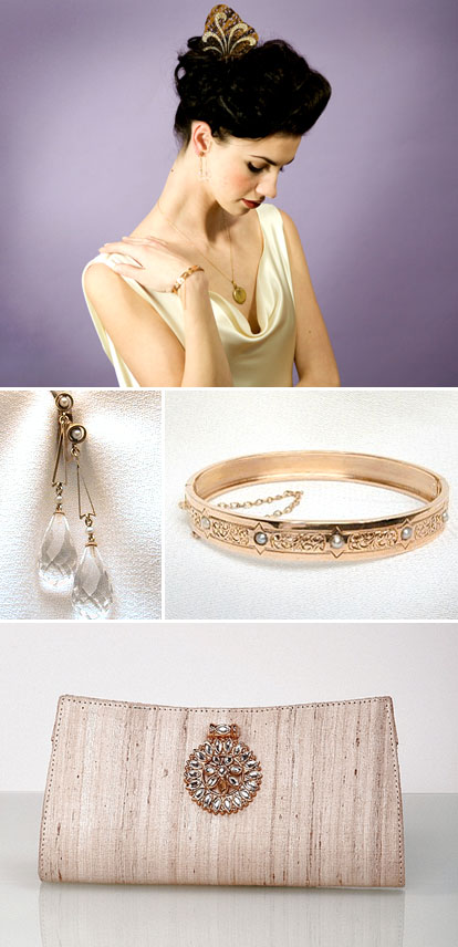 antique bridal earrings and bracelet, gold bridal clutch