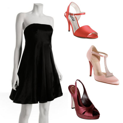 black, red and pink bridesmaids dresses and shoes