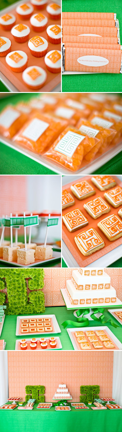 The orange, white and green wedding candy dessert buffet from Mindy Weiss's Most Ridiculous Wedding Event Ever!