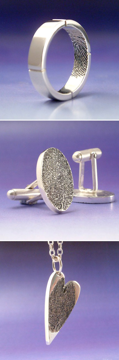 Custom wedding gifts, fingerprint wedding rings, cuff links and necklaces from Chris Parry