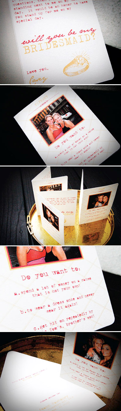 Creative custom wedding invitation from a bride to her bridesmaids, pink and yellow invitations from Wiley Valentine