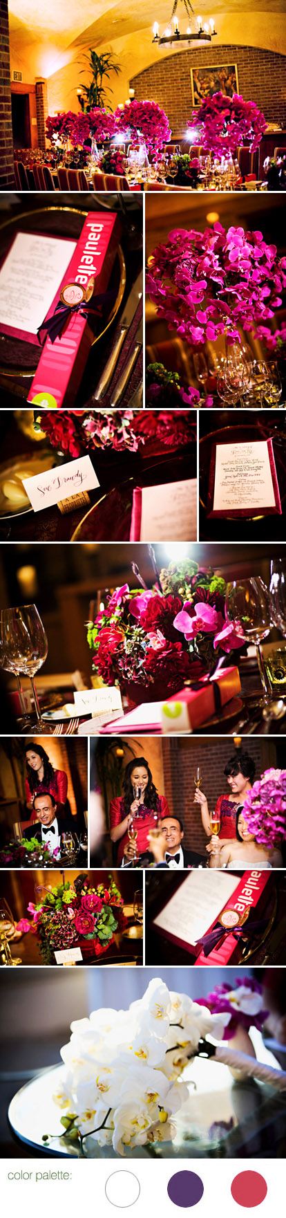 Eggplant, raspberry, plum, and gold wedding reception at Bacara Resort and Spa, Santa Barbara, California, images by Trista Lerit