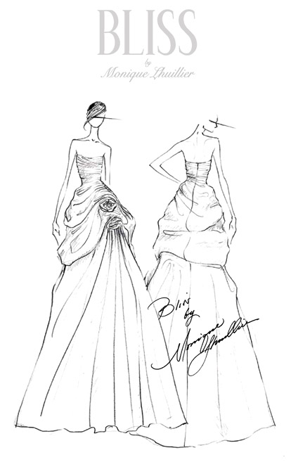 Bliss by Monique Lhuillier wedding dress label, wedding dress sketch by Monique Lhuillier