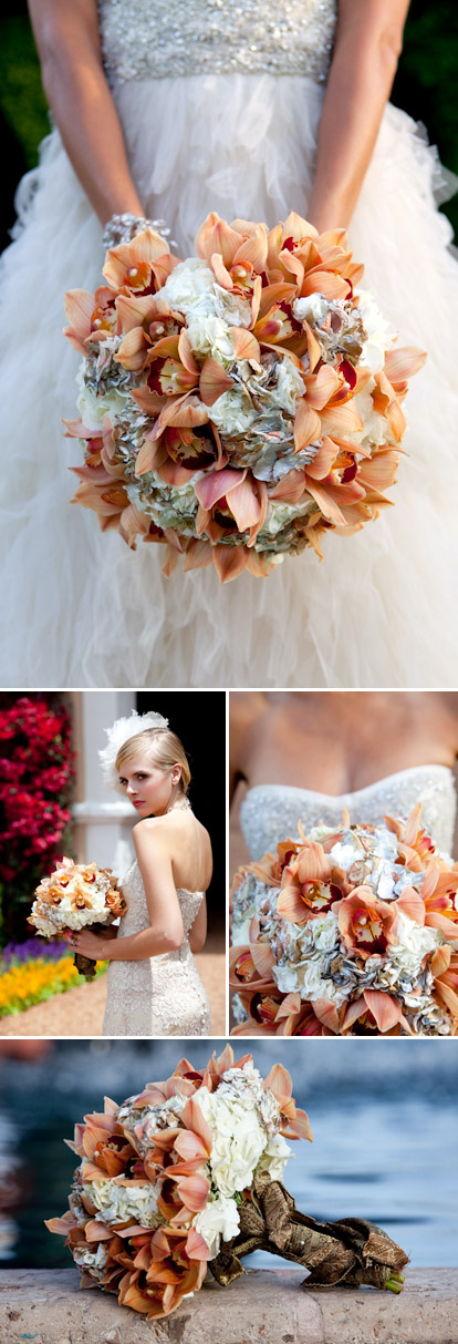 romantic, vintage inspired wedding bouquet of painted hydrangea and caramel cymbidium orchids by Kathy Wright and Co., images by La Vie Photography