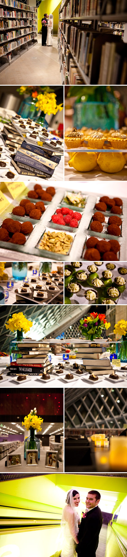 bright and colorful real wedding cocktail and dessert reception at the Seattle downtown library, Cheri Pearl Photography