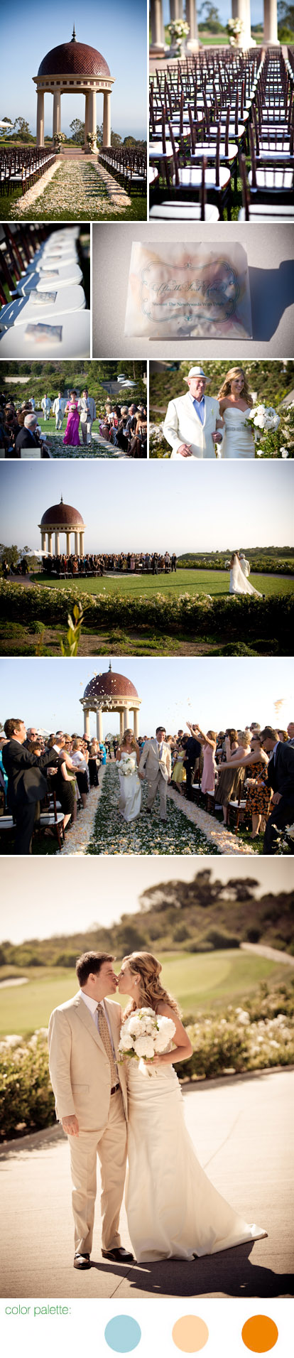 Vintage style wedding ceremony by Mindy Weiss at The Resort at Pelican Hill, teal, peach and rose gold wedding color palette, images by Jay Lawrence Goldman