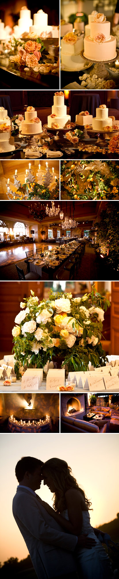 Rustic, vintage, romantic wedding reception decor in teal, peach and metallic rose gold at The Resort at Pelican Hill, images by Jay Lawrence Goldman