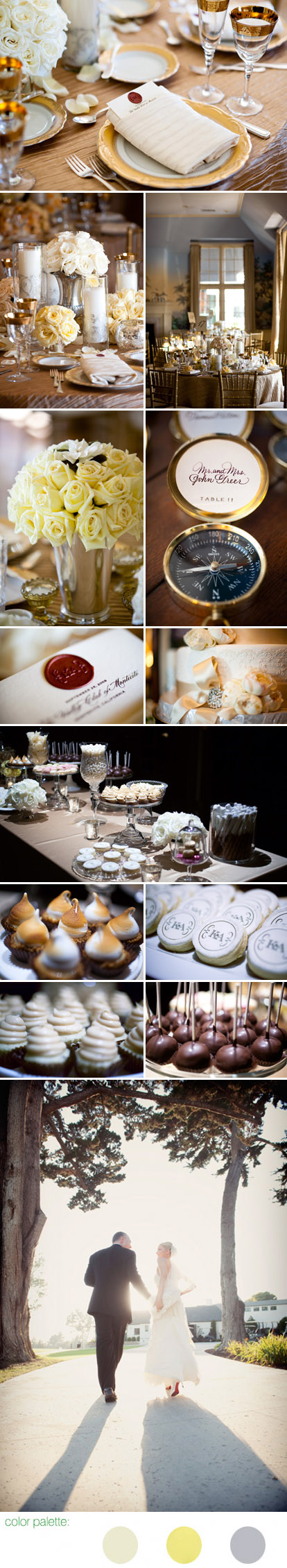 Elegant Santa Barbara real wedding decor details, wedding flowers and tabletop decor in a cream, silver and gold wedding color palette, photographed by Boutwell Studio