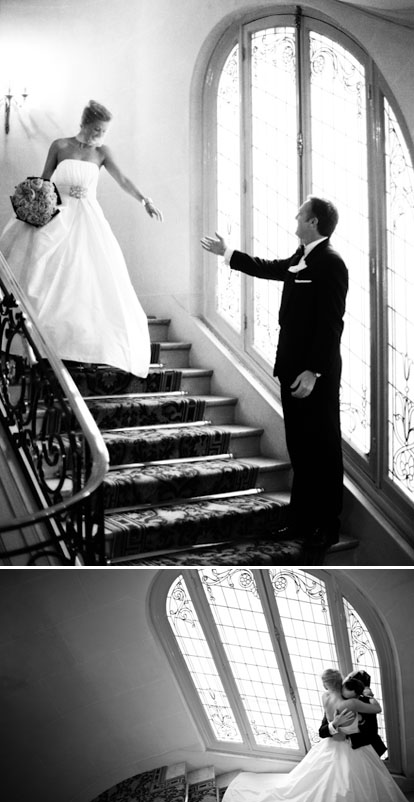 The bride and groom's first look, seeing eachother before the wedding, image by Amy and Stuart Photography