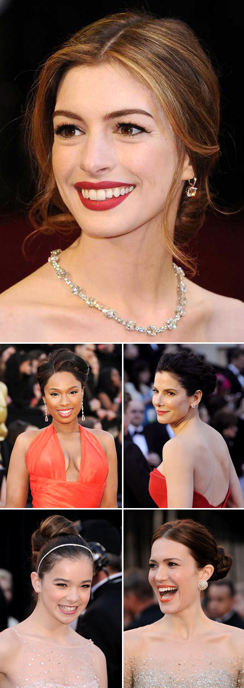 Academy Awareds red carpet hairstyles for weddings, Anne Hathaway, Jennifer Hudson, Sandra Bullock, Hailee Steinfeld and Mandy Moore, images via Yahoo Movies