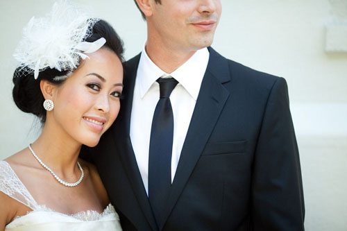 pretty cream, charcoal gray and silver Los Angeles real wedding at Vibiana, photo by Caroline Tran