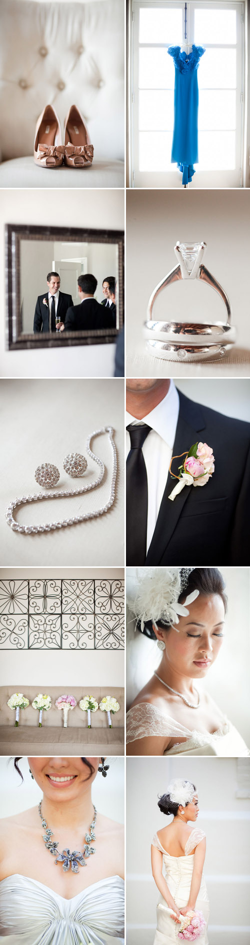 pretty cream, charcoal gray and silver Los Angeles real wedding at Vibiana, photo by Caroline Tran