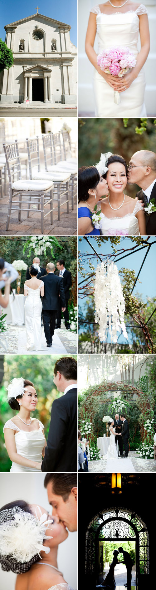 pretty cream, charcoal gray and silver Los Angeles real wedding at Vibiana, photo by Caroline Tran