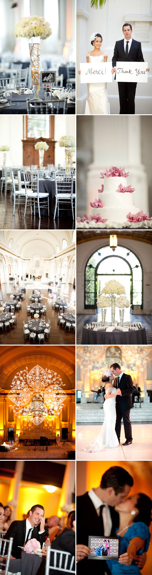 pretty cream, charcoal gray and silver Los Angeles real wedding at Vibiana, photo by Caroline Tran