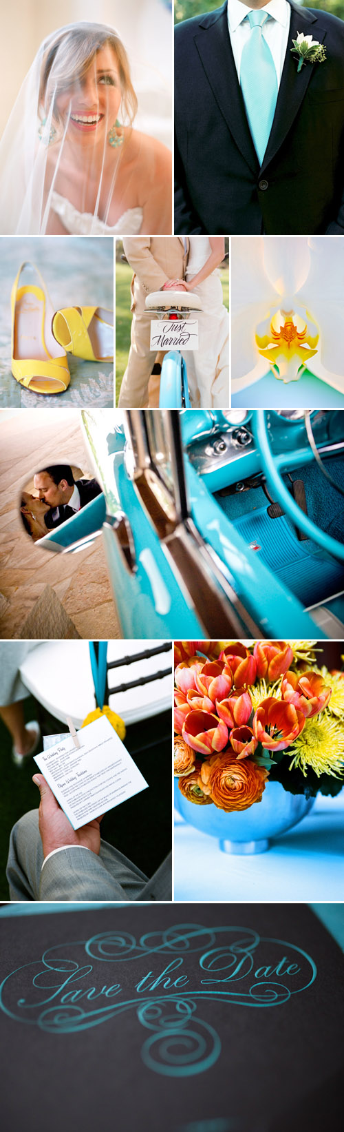 aqua blue and yellow wedding color palette inspiration board with photos from the junebug weddings image gallery