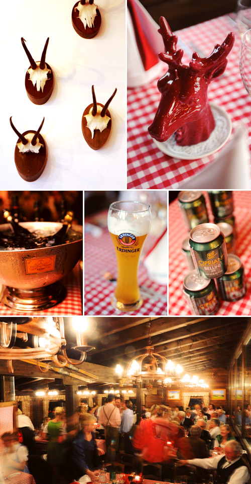 Bavarian wedding rehearsal dinner at Suvretta House in St. Moritz, Switzerland, red and white gingham decor