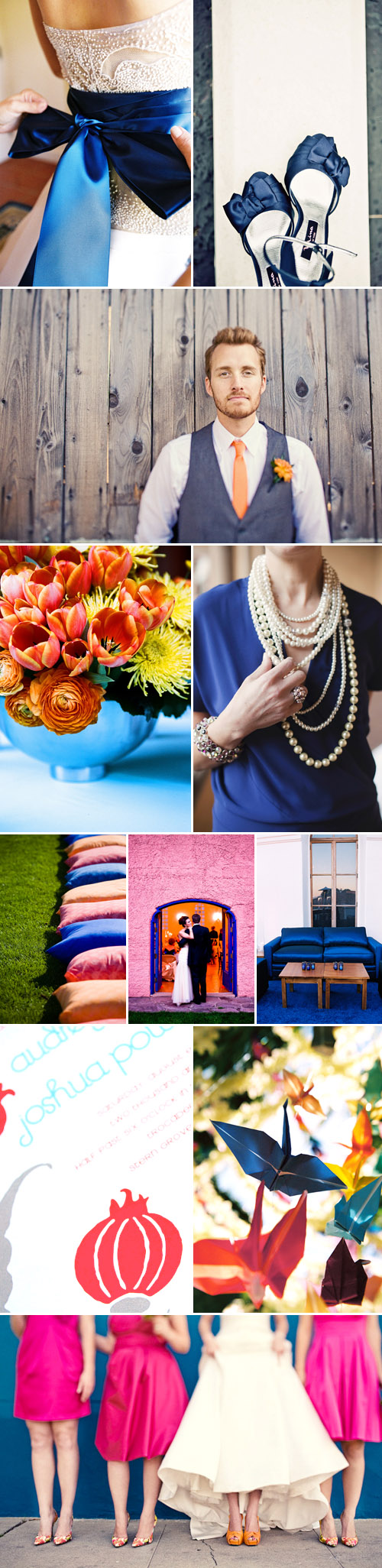 vibrant blue, orange and pink wedding color palette inspiration board