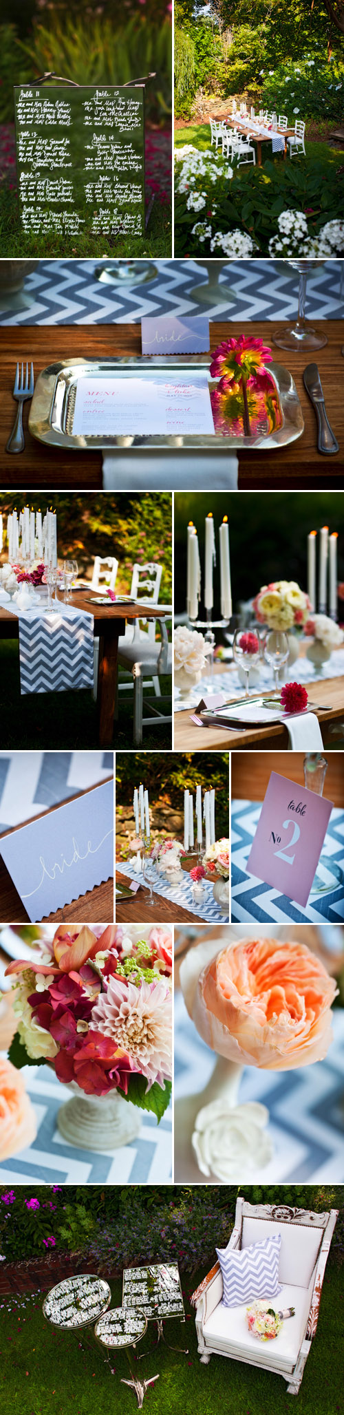 blue and white chevron print wedding decor, garden wedding ideas and inspiration shoot at Charlottesville, Virginia's Clifton Inn, photos by Holland Photo Arts