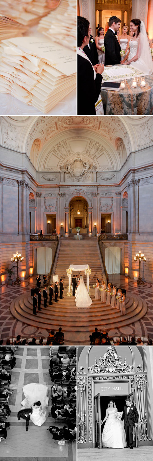 classic and elegant black tie wedding at San Francisco City Hall, ivory, silver, peach and sage green Art Deco wedding decor, photos by Michelle Walker Photography