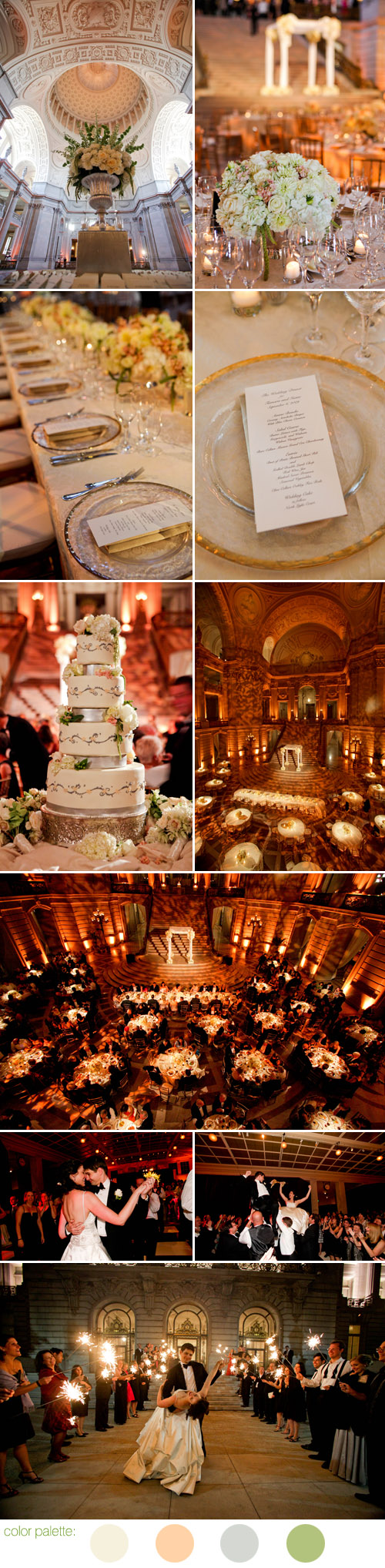 classic and elegant black tie wedding at San Francisco City Hall, ivory, silver, peach and sage green Art Deco wedding decor, photos by Michelle Walker Photography