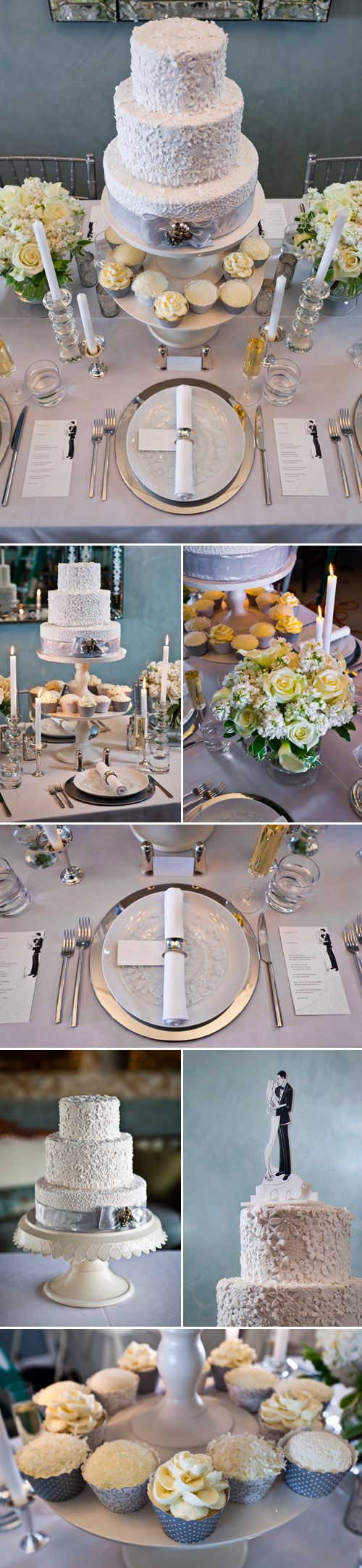 modern and chic white and silver wedding cake, cupcakes and winter wedding table top decor ideas